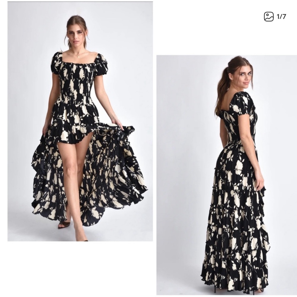 Muche Muchette Black and Cream Floral Hi-Lo Maxi Dress Size Small